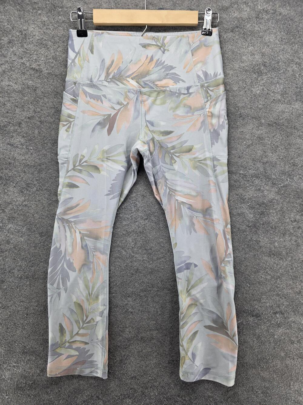 RBX Yoga Pants Womens Small Gray Pastel Leaf Print High Rise Stretch Athletic